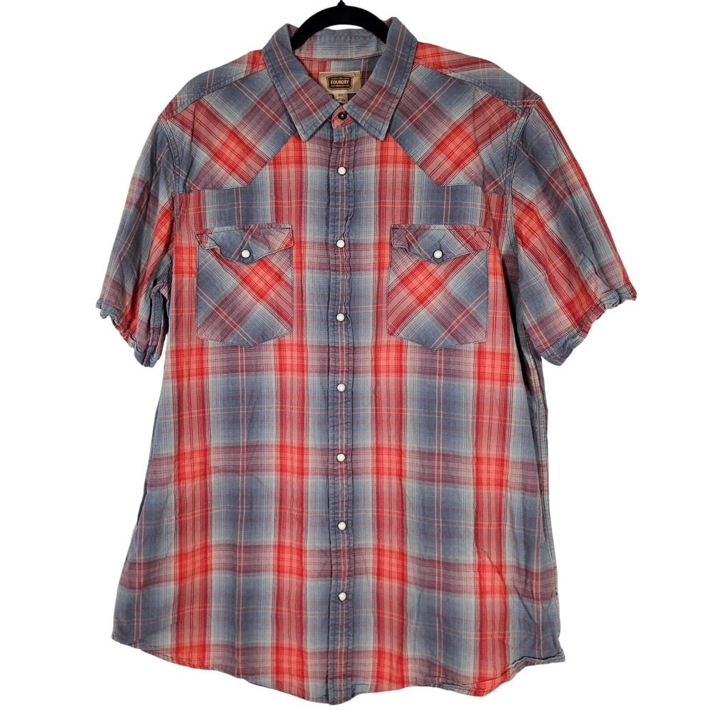 The Foundry Camp Shirt Men XLT Tall Red Plaid Snap Button Up Short Sleeve Hiking